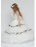 Ivory Black Stripe Ruffle Tulle Illusion Pearl Buttons Back Flower Girl Dress